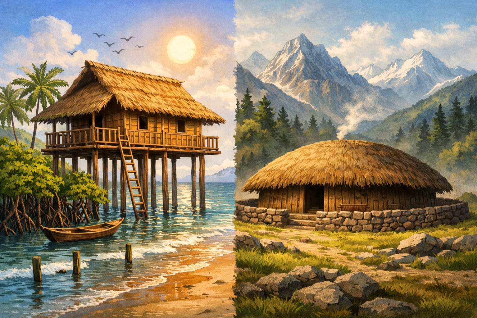 Ilustrasi adaptasi arsitektur rumah adat terhadap kondisi bentang alam setempat.