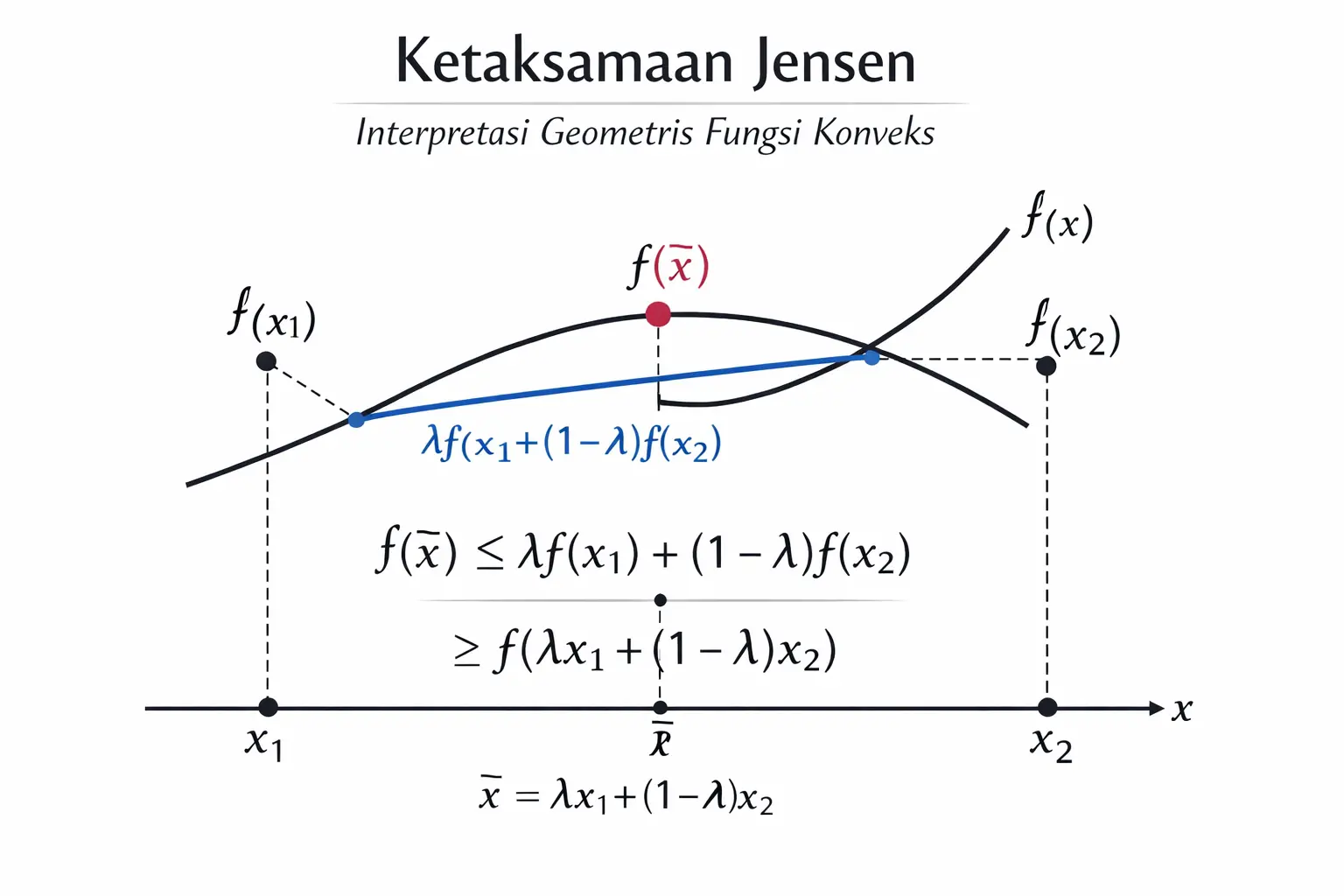 Interpretasi geometris fungsi konveks sebagai representasi visual Ketaksamaan Jensen.